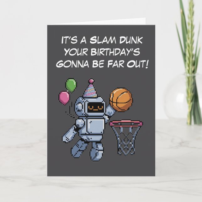 Tarjeta Robot de 8 bits zumbando baloncesto (Anverso)