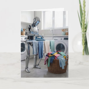 Tarjeta Robot de Cumpleaños Planchando Ropa