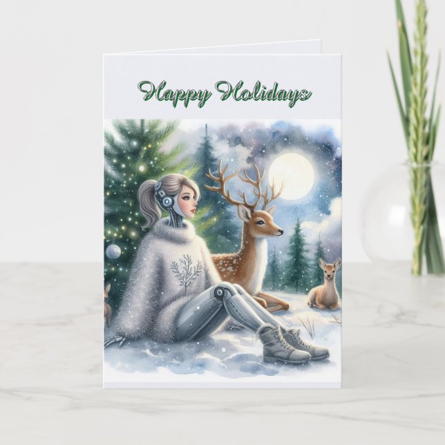 Tarjeta Robot Felices Fiestas Chica Tech (Anverso)