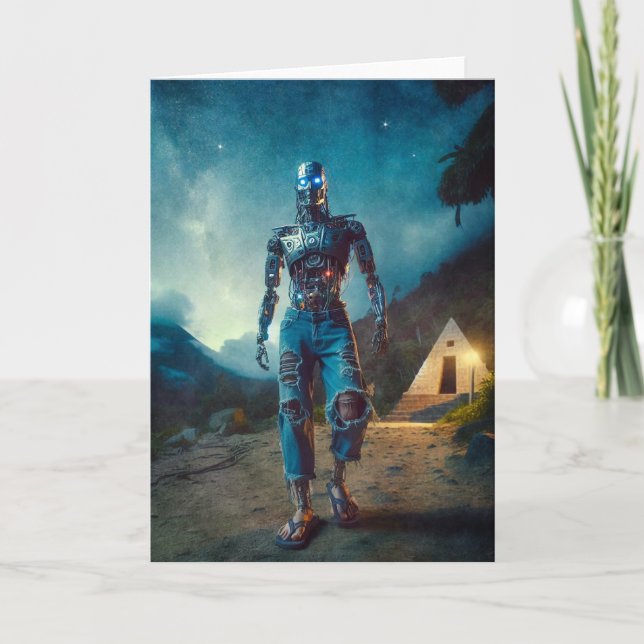 Tarjeta Robot Futurista en Paisaje Antiguo (Anverso)