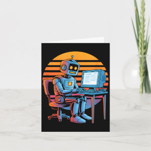 Tarjeta Robot retro divertido codificando pantalla de comp