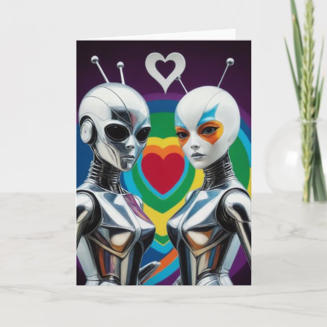 Tarjeta Robots Femeninos de SciFi en el corazón del arcoir (Anverso)
