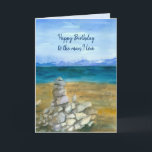 Tarjeta Rocas del zen del lago husband del feliz<br><div class="desc">"Feliz cumpleaños una tarjeta de felicitación del amor del hombre I" adornada con un lago de la montaña con las rocas del zen apiladas en la playa pintada en acuarela. Inspirado por una escena temprana de la primavera de la orilla del sur del lago Tahoe. Usted puede corregir el mensaje...</div>