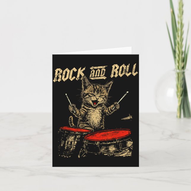 Tarjeta Rock And Roll Funny Cat Playing Drum For Men Women (Anverso)