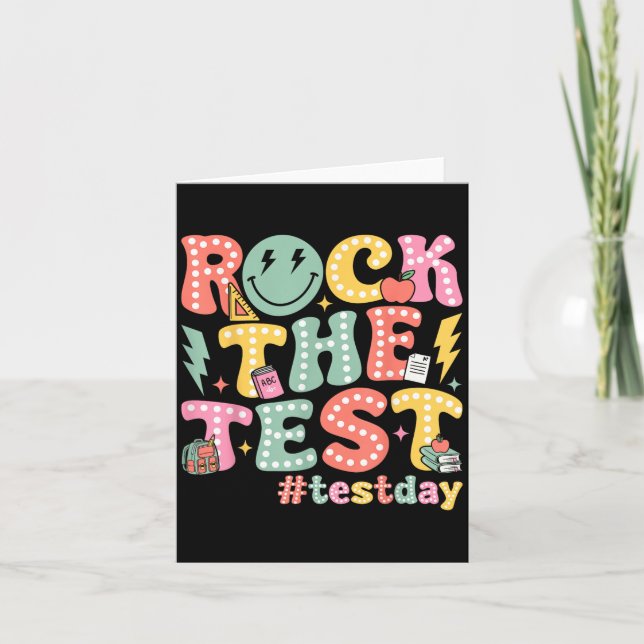 Tarjeta Rock The Test Testing Day Retro Motivational Teach (Anverso)