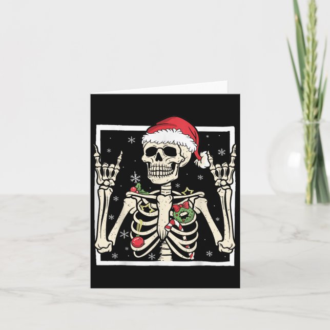 Tarjeta Rocker Skeleton Santa Hat Cool Christmas Punk Rock (Anverso)