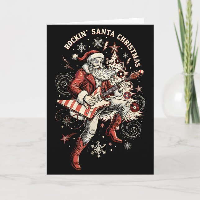 Tarjeta Rockin Santa Playing Guitar Funny Christmas Retro  (Anverso)