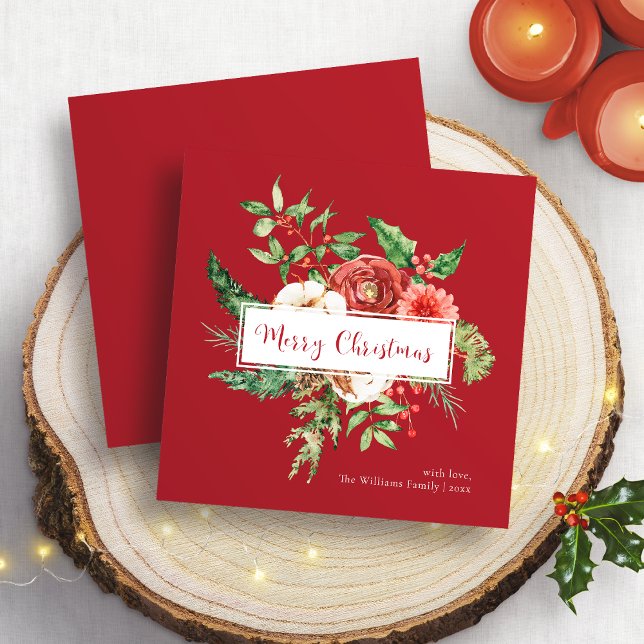 Tarjeta Roja Botánica de Feliz Navidad (Red Botanical Merry Christmas Card
)