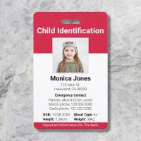 Tarjeta roja de foto de identificación de niños