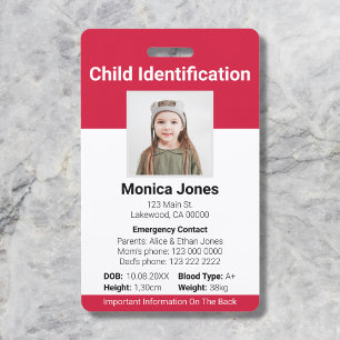 Tarjeta roja de foto de identificación de niños