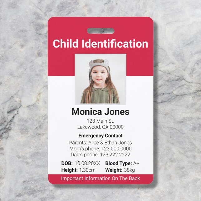 Tarjeta roja de foto de identificación de niños (Subido por el creador)