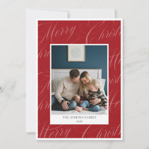 Tarjeta Roja de Navidad con Foto de Familia con Le