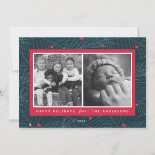 Tarjeta Roja de Navidad Moderna de Abeto con 2 Fot