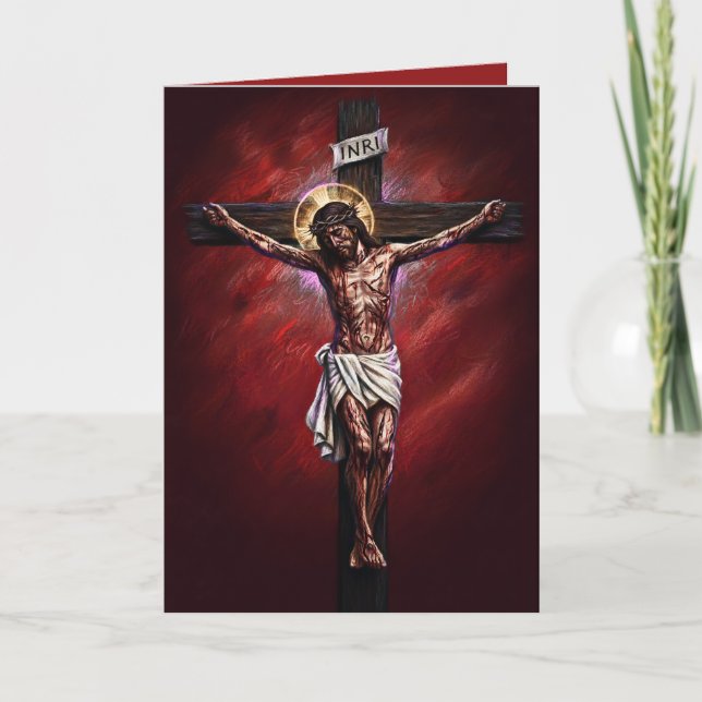 Tarjeta Roja de Pascua Jesús Crucificado Bendito (Anverso)