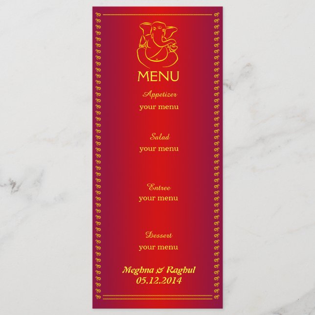 Tarjeta roja del menú de la boda india elegante de (Anverso)