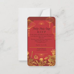 Tarjeta roja R.S.V.P que está en inglés/vietnamita