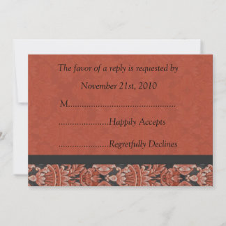 Tarjeta roja y negra de RSVP del damasco