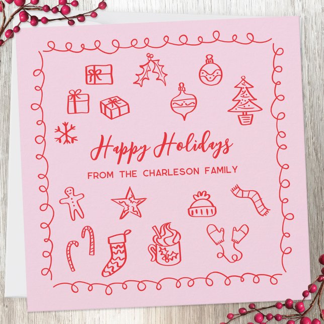 Tarjeta roja y rosa de garrapatas de vacaciones (Fun scribble doodle personalized Christmas holiday card)