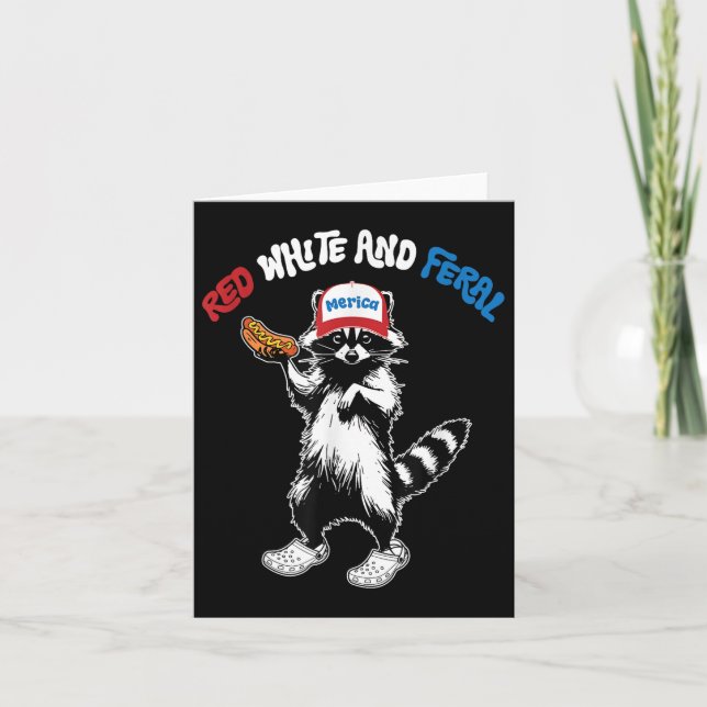 Tarjeta Rojo Blanco Y Salvaje, Mapache Divertido 4 De Juli (Anverso)