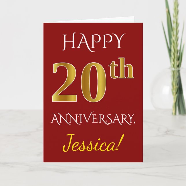 Tarjeta Rojo, Faux Gold 20 Aniversario Boda + Nombre (Anverso)