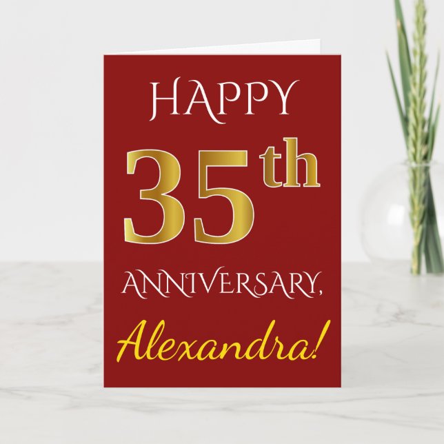 Tarjeta Rojo, Faux Gold 35 Aniversario Boda + Nombre (Anverso)