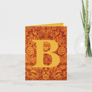 Tarjeta Rojo floral y amarillo dorado Wm Morris con inicia