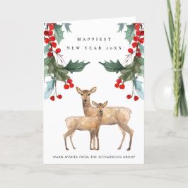 TARJETA ROJO HOLLY BERRY DEER DUO LOGO CORPORATIVO DE AÑO