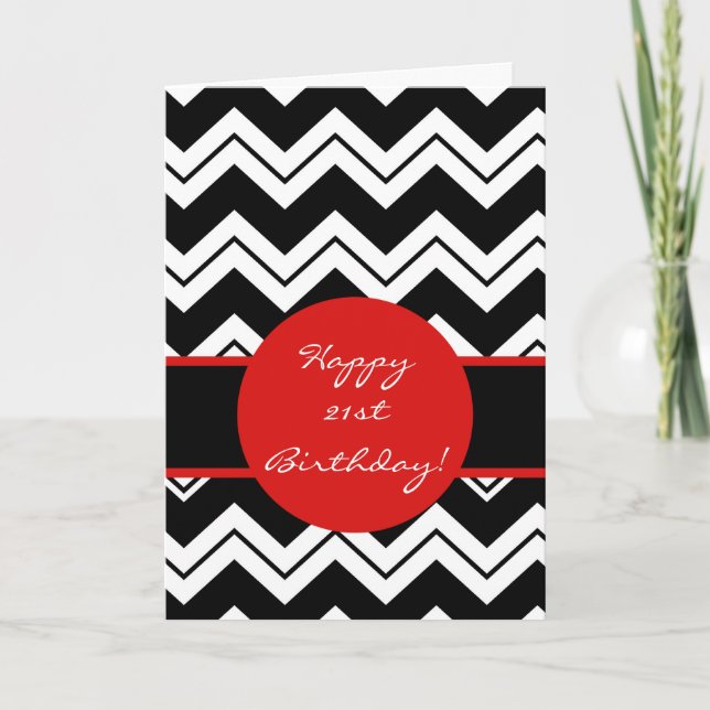 Tarjeta Rojo Negro y Blanco Zizzag Chevron 21º cumpleaños (Anverso)