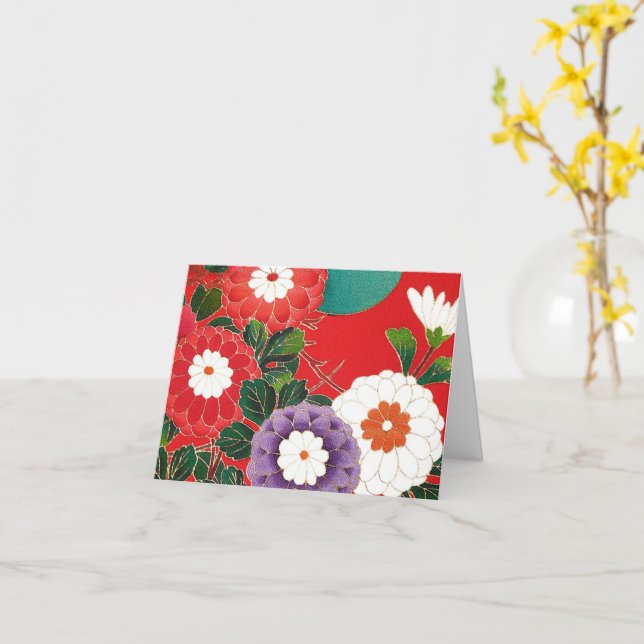 Tarjeta Rojo Profundo de la Brocade Japonesa Antigua (flor amarilla)