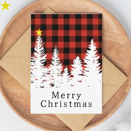 Tarjeta Rojo Rústico Plaid Búfalo Bosque Feliz Navidad