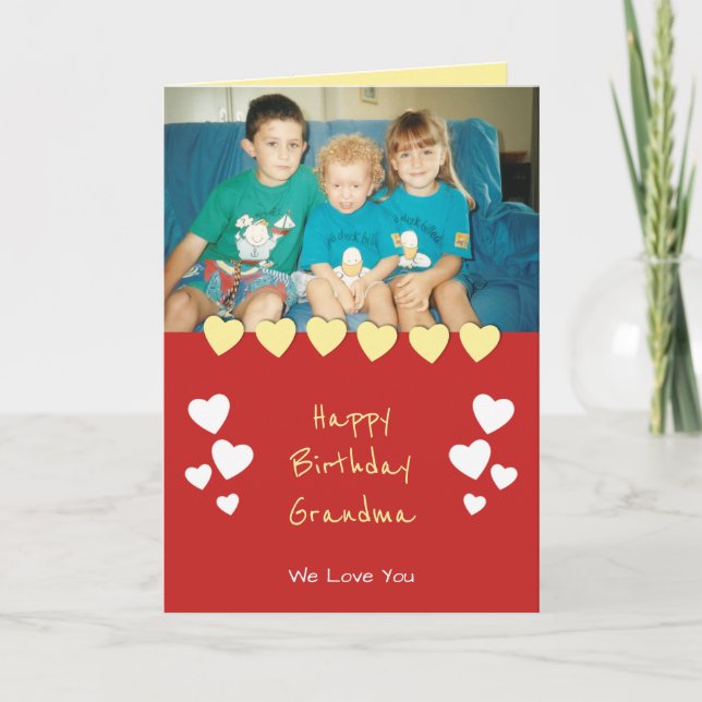 Tarjeta Rojo y amarillo con corazones y foto (Anverso)