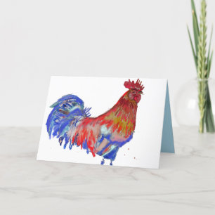 Tarjeta Rojo y Azul Rooster Watercolor Pollo Cockerel