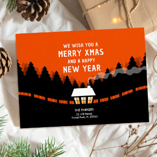 Tarjeta Rojo y negro Feliz Navidad con pinos retro