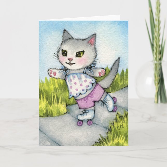 Tarjeta Rollerskting Kitty - Arte de gato bonito (Anverso)