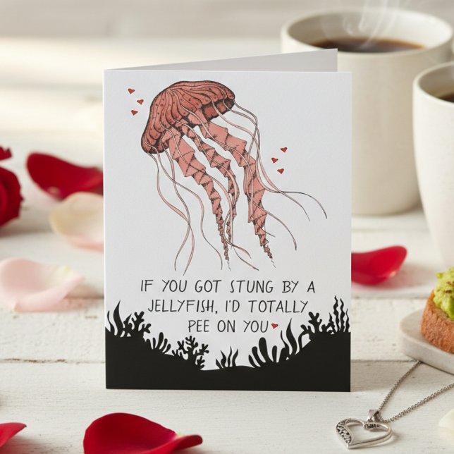 Tarjeta Romance de Amor de Medusa Divertida (Humor Anniversary Card or Funny Romance Card with Jellyfish Illustration and I Love You for Couple)