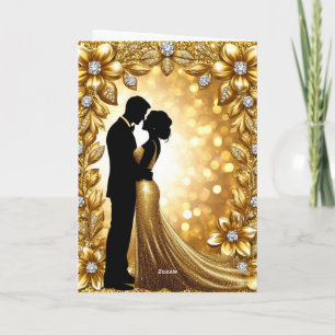 Tarjeta Romance de Boda Dorada con Novia y Novio