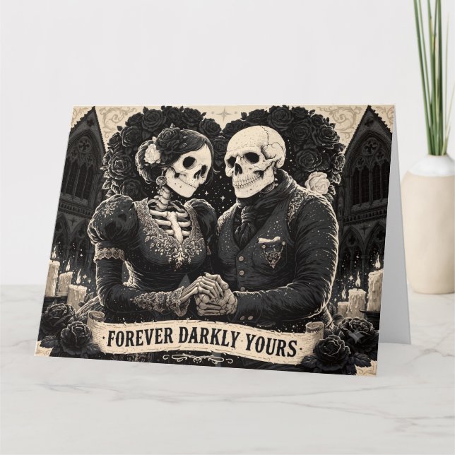 Tarjeta Romance gótico de dos esqueletos agarrados de la m (Anverso)