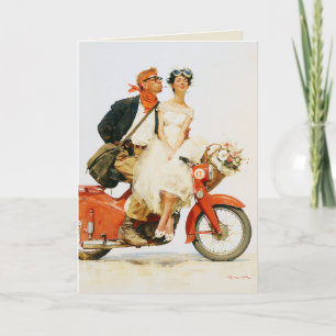 Tarjeta Romance Vintage en un Scooter Rojo