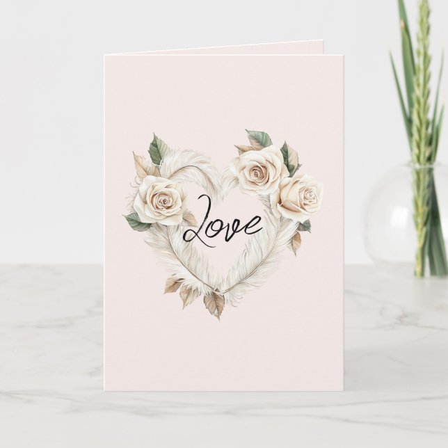 Tarjeta Romantic Cream Blush Roses Feathers Floral Heart (Anverso)