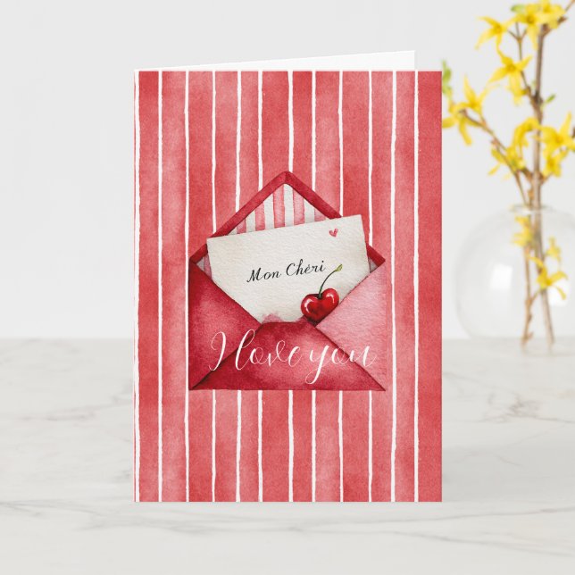 Tarjeta Romantic Red White Stripes Mon Cheri Love (flor amarilla)