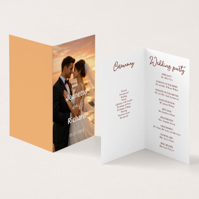 Tarjeta Romantic Sunset Beach Wedding Vows Program (Interior y exterior)