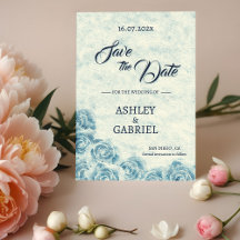 Tarjeta Romántica Azul Floral de Save The Date par