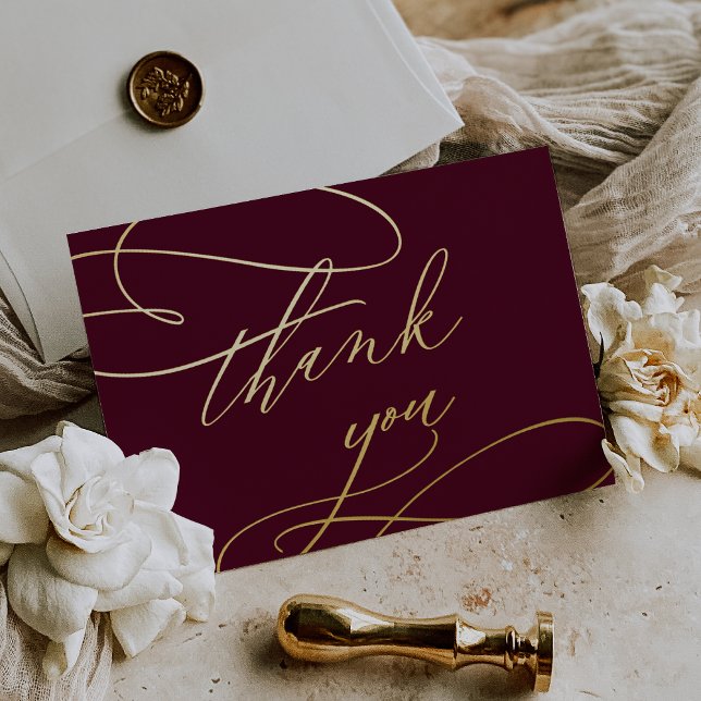 Tarjeta romántica de Borgoña y Relieve metalizado  (Romantic Burgundy and Gold Foil Thank You Card)