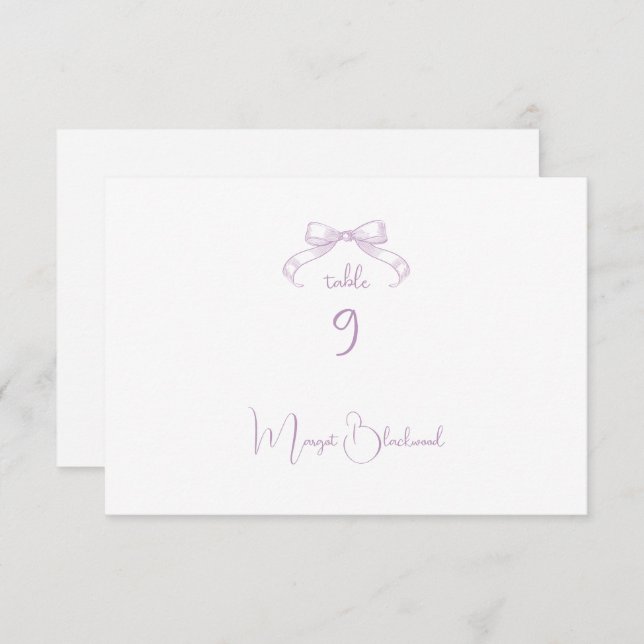 Tarjeta Romántica de nombre de invitado Bow Lilac (Anverso / Reverso)