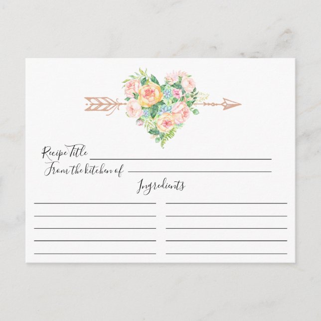 Tarjeta Romántica de Receta de Corazón Floral (Anverso)