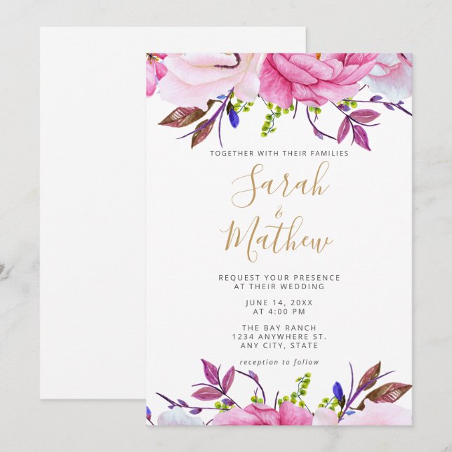 Tarjeta romántica Rubor de invitación a la boda fl (Anverso / Reverso)