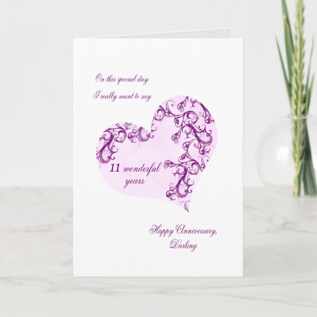 Tarjeta Romántico 11º Aniversario Boda (Anverso)
