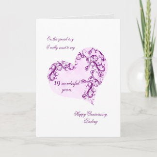 Tarjeta Romántico decimonoveno aniversario Boda