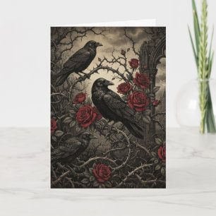 Tarjeta Romántico Halloween Gótico Cuervos y Rosas Rojas
