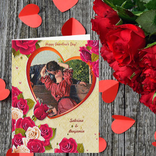 Tarjeta Romántico Kiss Vintage Valentine Heart y Rosas